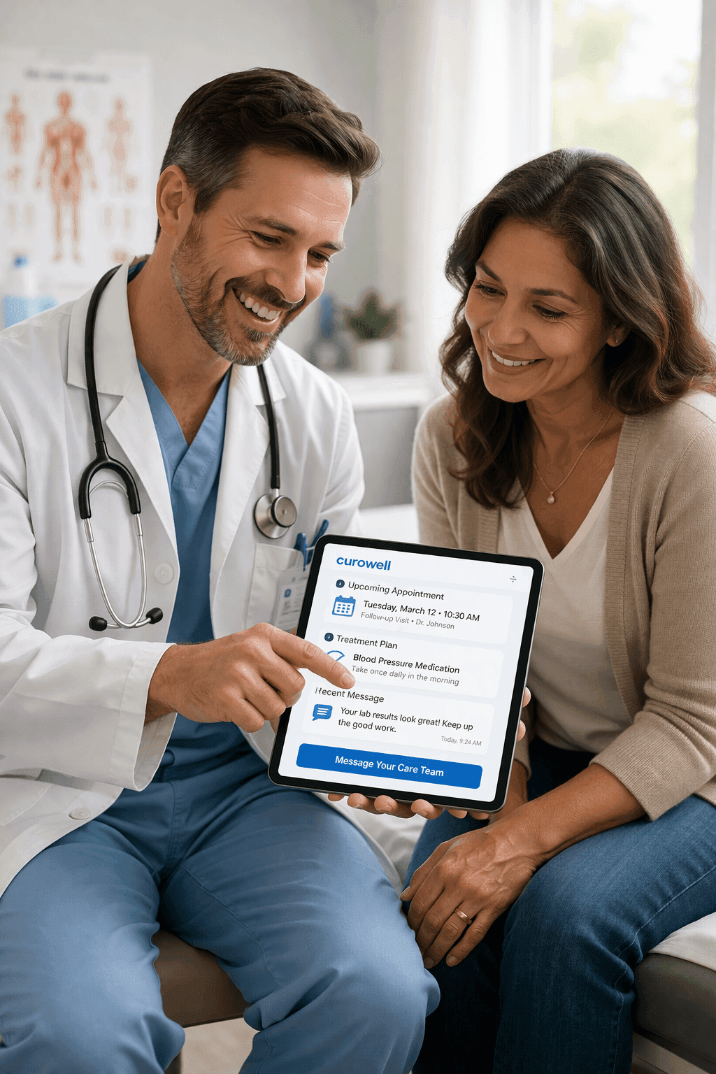 Doctor showing Curowell care plan on tablet to patient