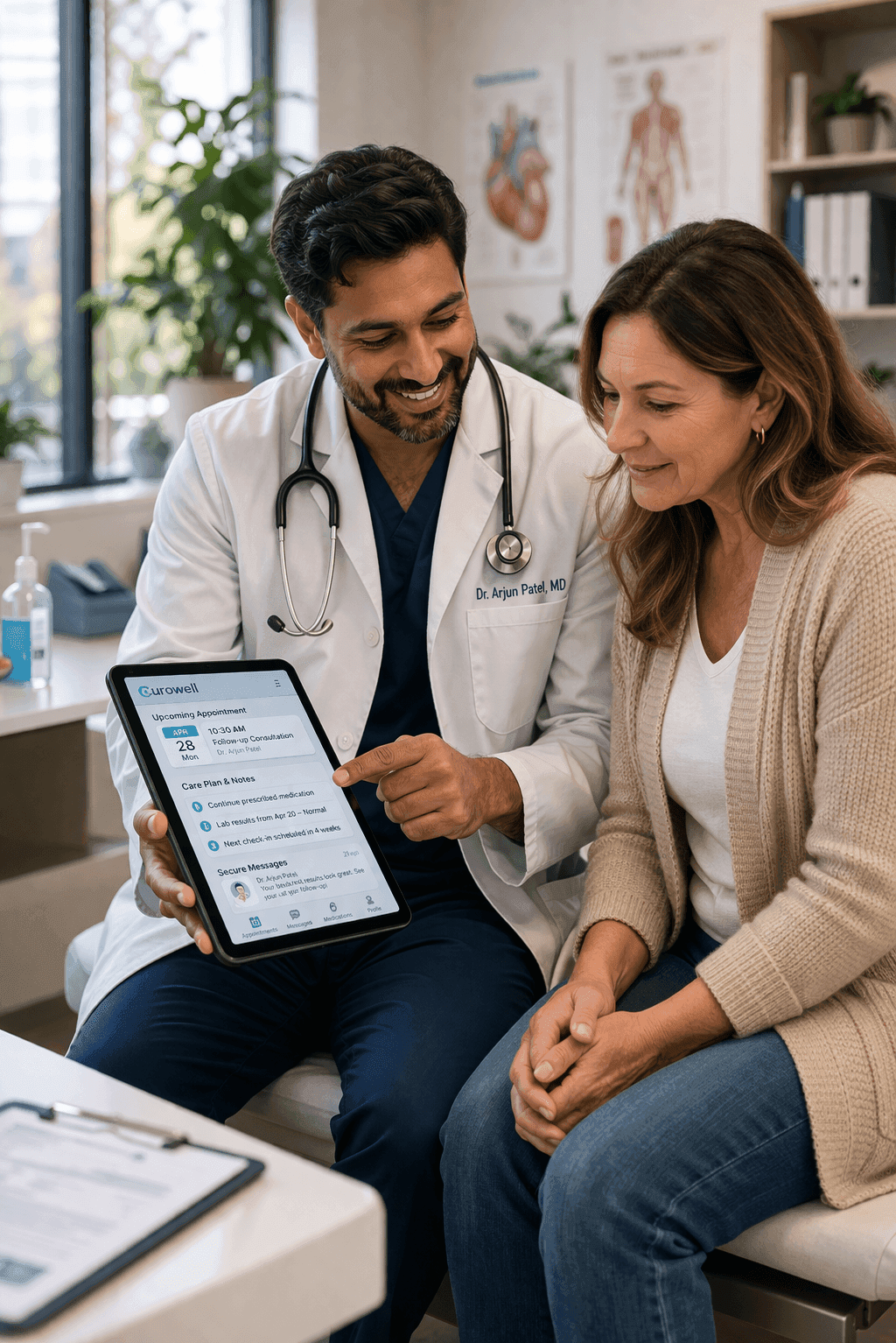 Doctor showing patient results and care plan on Curowell tablet