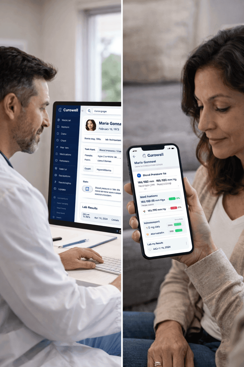 Curowell platform showing doctor view and patient health portal